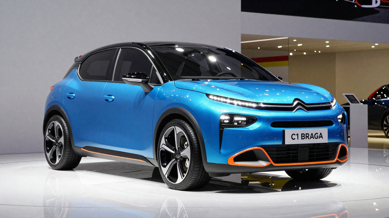 Carro Citroën C1 azul com detalhes pretos e laranja exposto em salão automotivo.