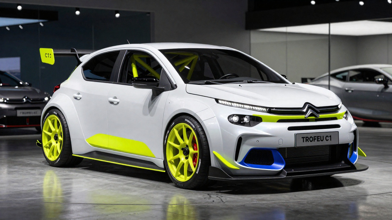 Carro de corrida Citroën Trofeu C1 branco com detalhes amarelo neon e azuis, em exposição interna.