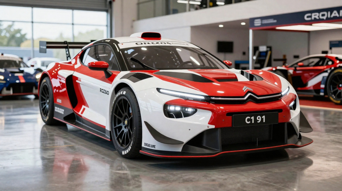 Carro de corrida Citroën C1 91 branco, vermelho e preto em garagem com piso refletivo.