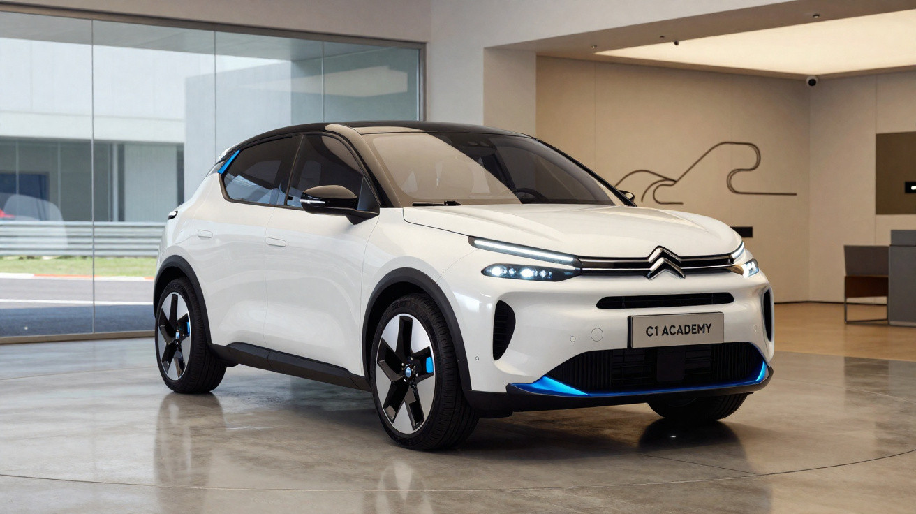 Carro elétrico Citroën C1 Academy branco em exposição interna com detalhes em azul.