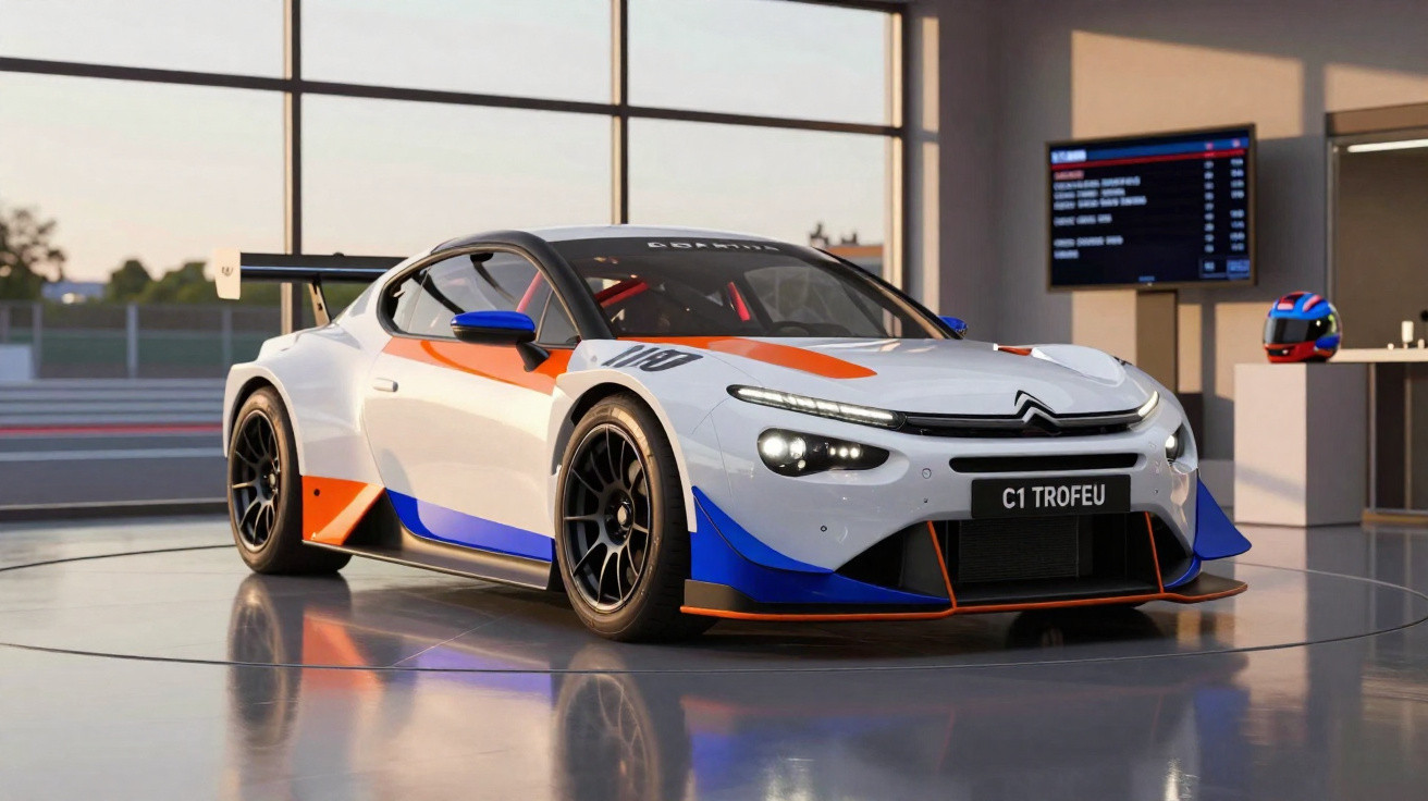 Carro de corrida Citroën C1 Trofeu branco com detalhes em azul e laranja em garagem iluminada.
