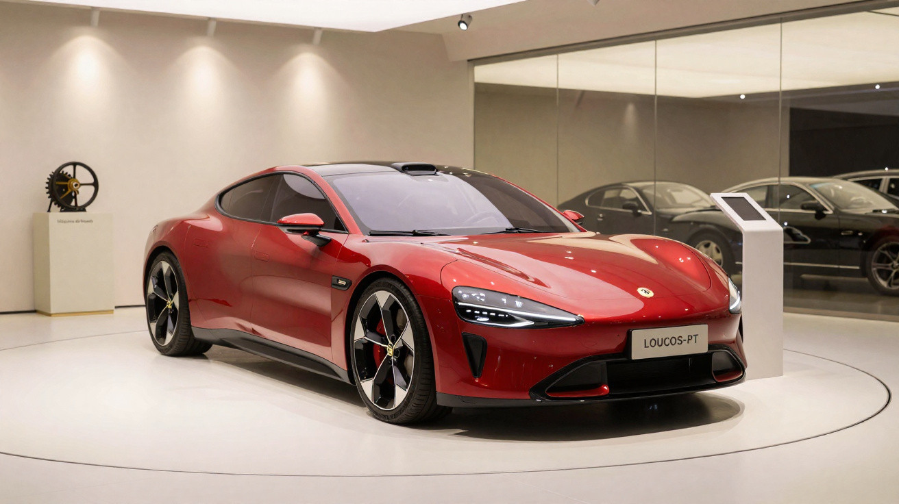 Carro esportivo vermelho exibido em showroom moderno com iluminação suave e paredes espelhadas.