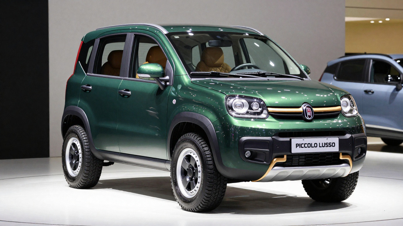 Carro Fiat Piccolo Lusso verde metálico exposto em salão automotivo com interior bege.