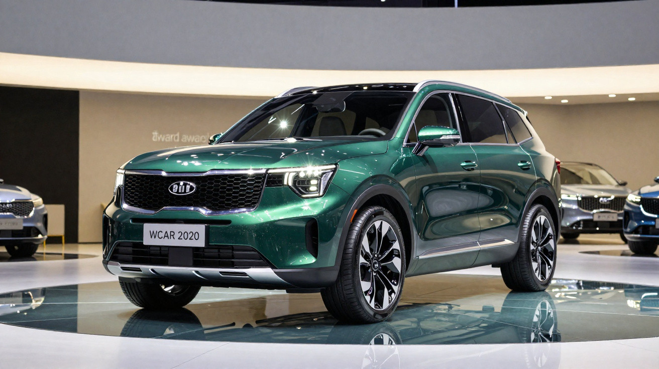 SUV verde metálico Kia em exposição no salão do automóvel com iluminação moderna e rodas pretas e cromadas.