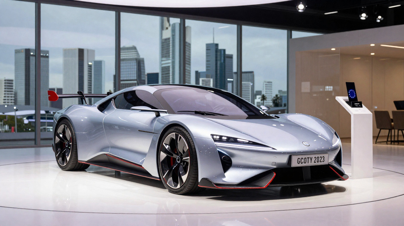 Carro esportivo prateado futurista exibido em estande moderno com grandes janelas e vista para a cidade.