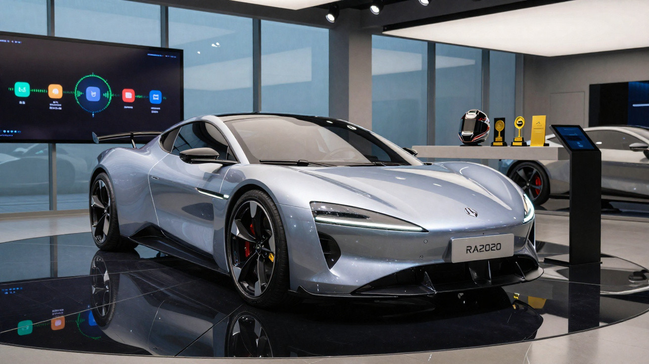 Carro esportivo elétrico prata modelo RA2020 em exposição moderna com piso espelhado e vitrine ao fundo.