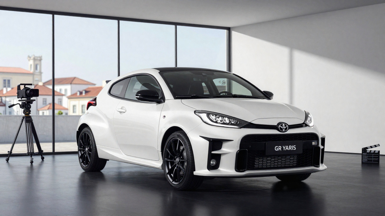 Carro esportivo Toyota GR Yaris branco em estúdio moderno com câmera e claquete ao fundo.