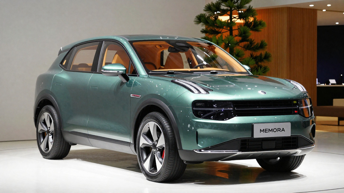 Carro SUV elétrico verde modelo Memora exposto em ambiente interno iluminado.