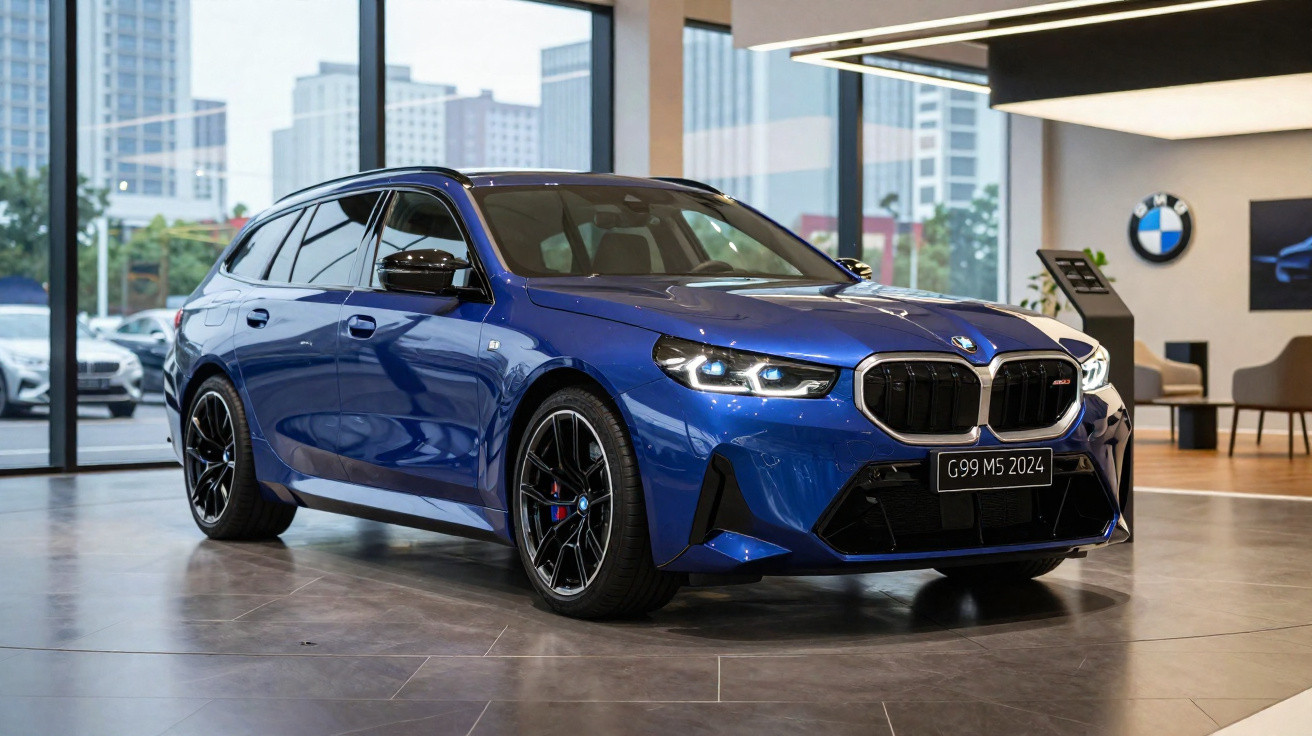 Carro BMW azul modelo G99 M5 2024 exibido em showroom moderno com janelas grandes.