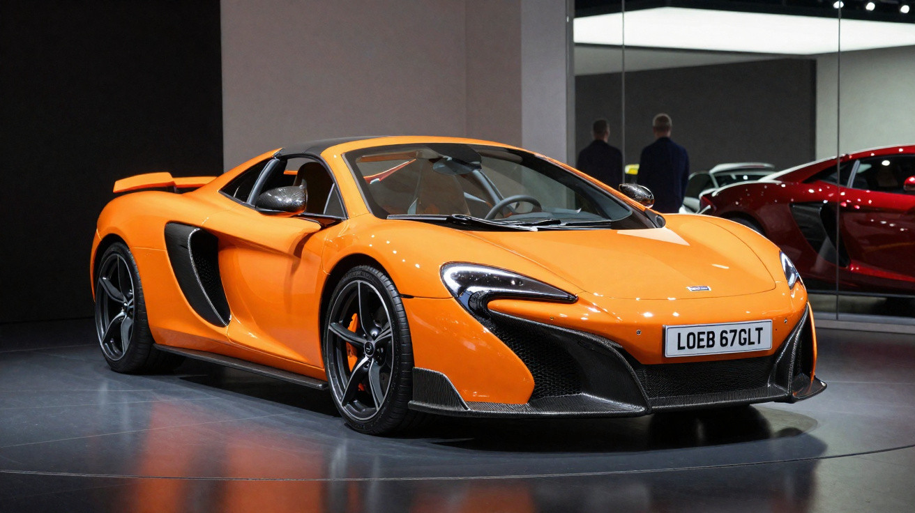 Carro esportivo laranja McLaren estacionado em área interna com piso refletivo e espelho ao fundo.