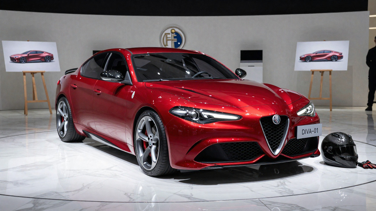 Carro esportivo Alfa Romeo vermelho exibido em salão, com capacete preto ao lado.