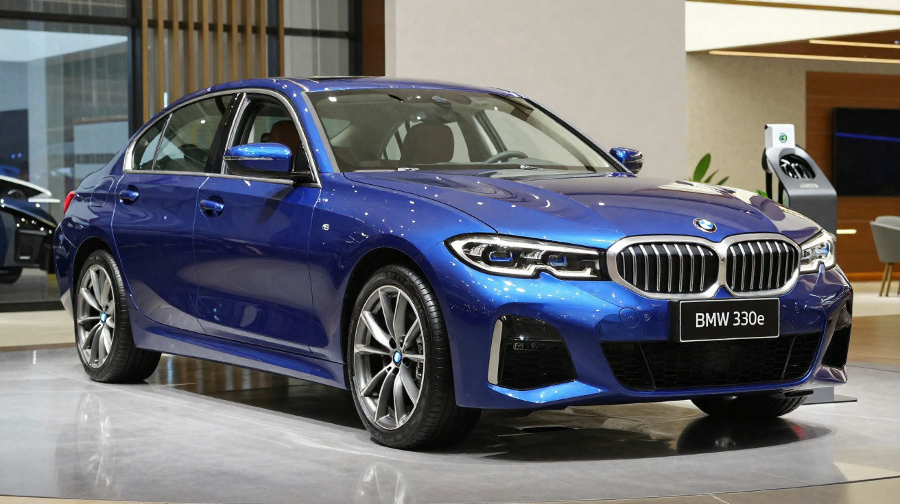 Carro BMW 330e azul em showroom moderno com carregador de carros elétricos ao fundo.