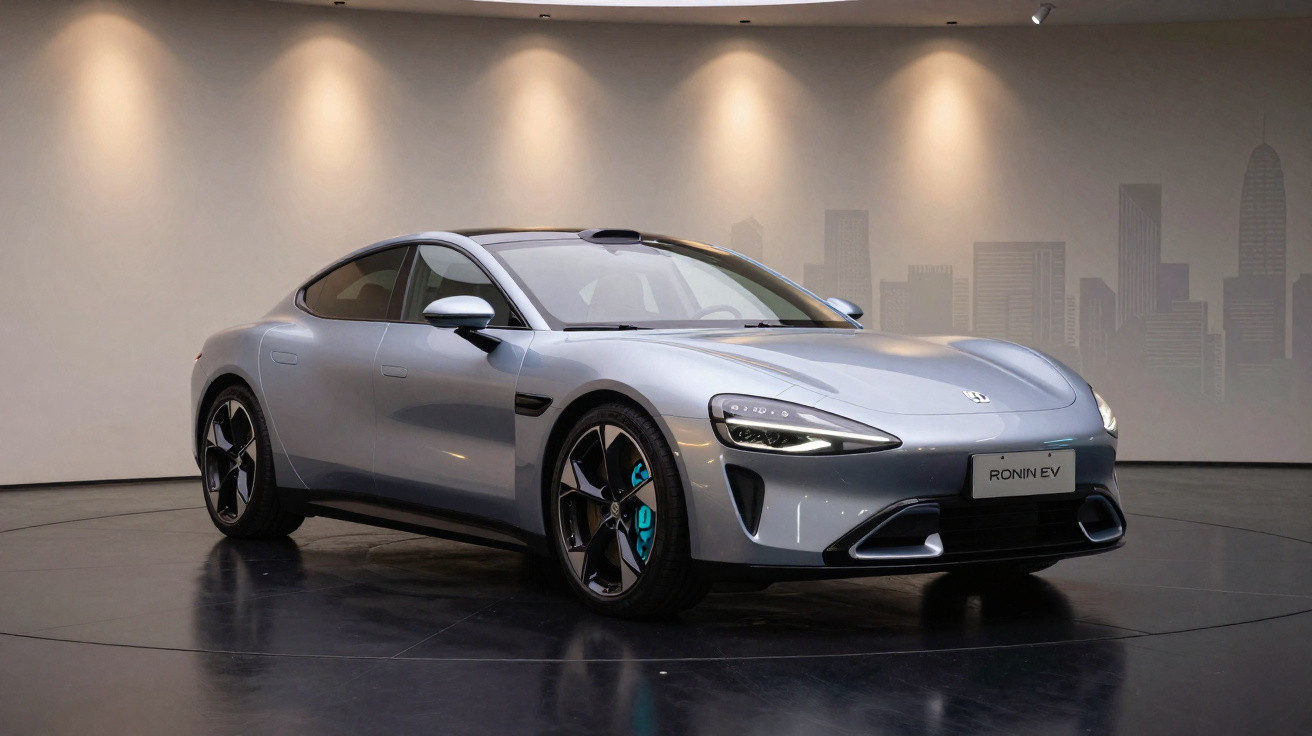 Carro elétrico prata Ronin EV em exposição com fundo cinza e iluminação suave.