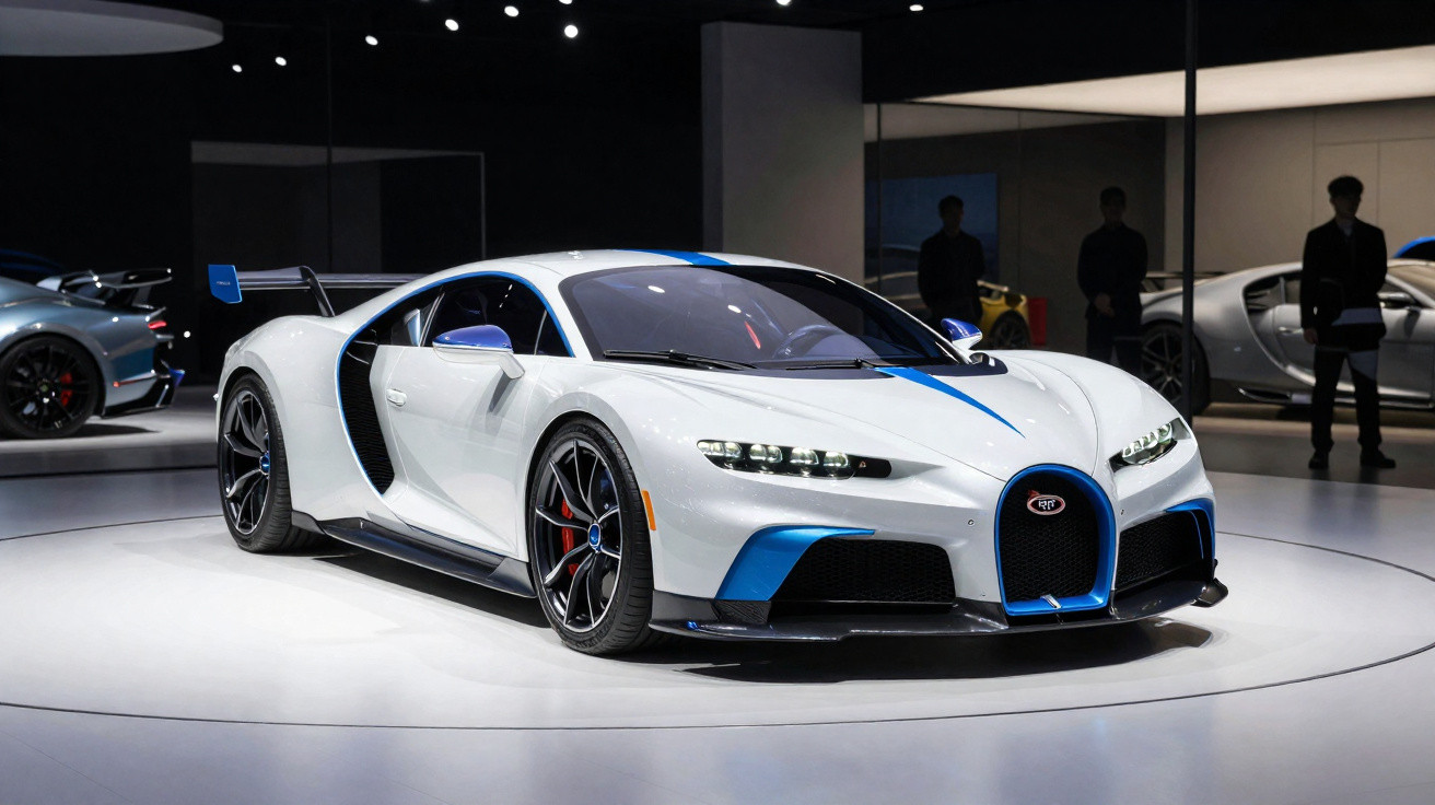 Carro esportivo Bugatti Chiron branco com detalhes azuis exposto em salão de automóveis moderno.