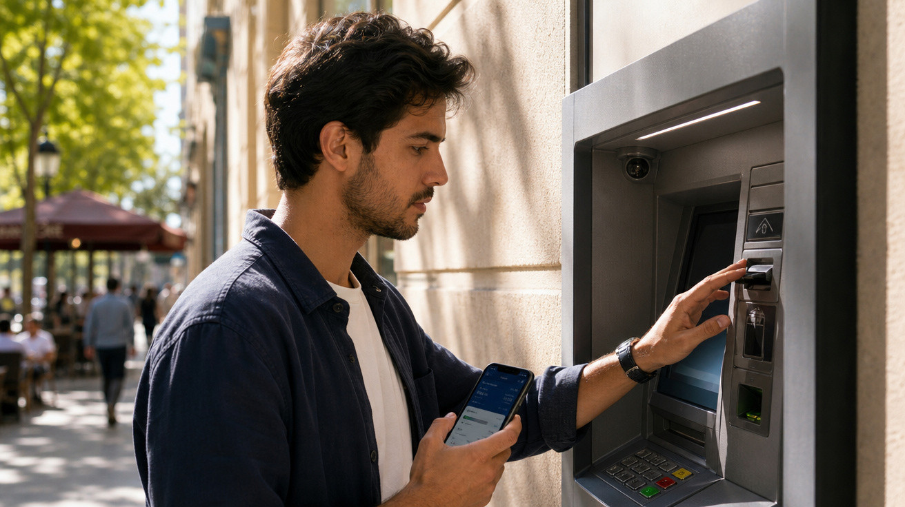 Homem usando celular e cartão em caixa eletrônico na rua ensolarada.