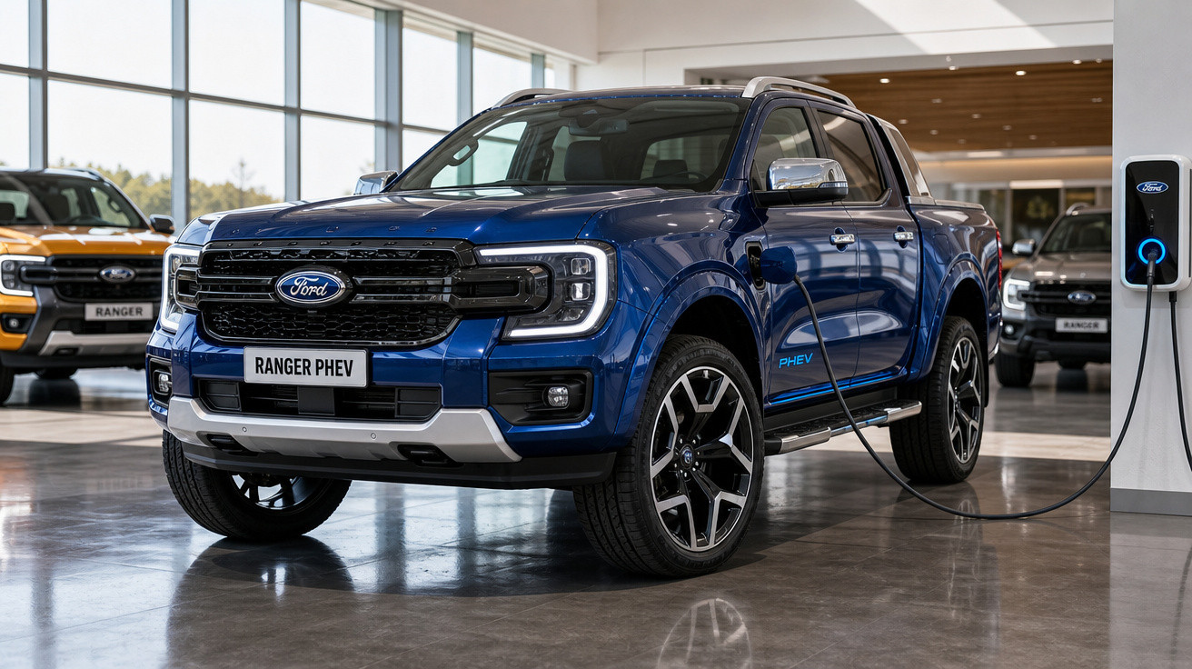 Picape Ford Ranger PHEV azul carregando em estação dentro de showroom moderno.
