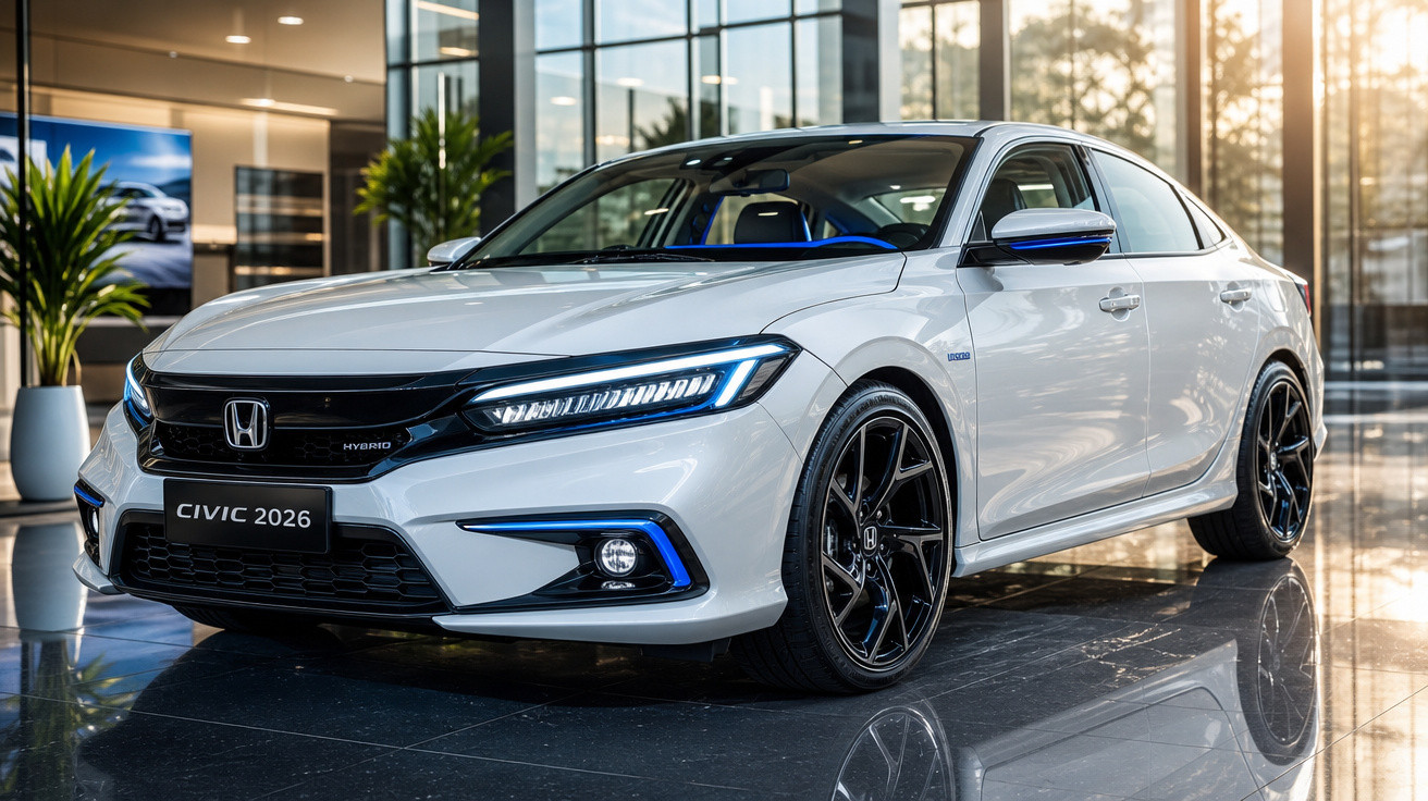 Carro Honda Civic 2026 branco exibido em showroom moderno com iluminação natural e detalhes azuis.