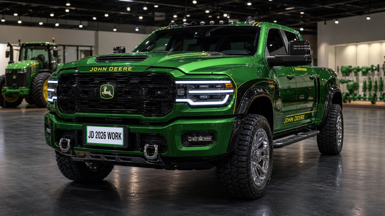 Picape verde John Deere exposta em ambiente interno com trator ao fundo.