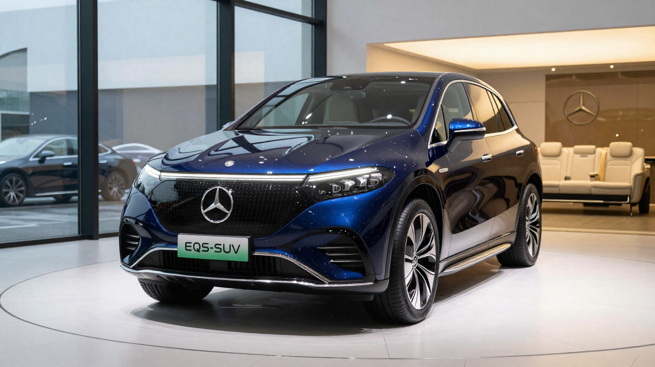 Carro SUV Mercedes-Benz EQS azul escuro em exposição em showroom moderno.
