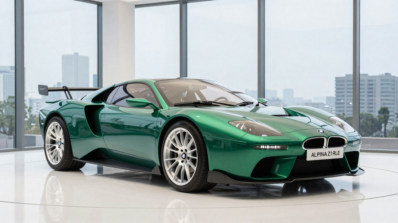 Carro esportivo verde Alpina Z1 RLE em exposição com janelas e cidade ao fundo.