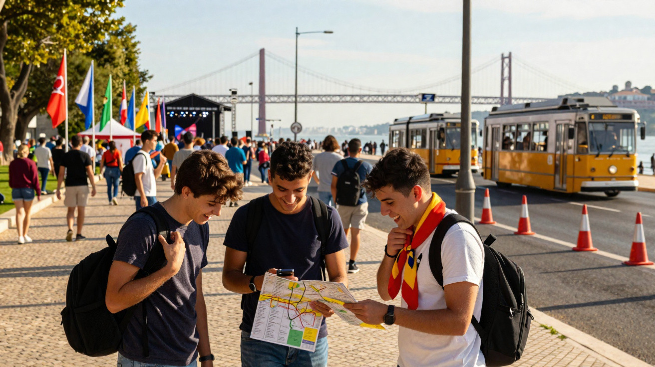 Três jovens com mochilas consultam mapa em calçadão próximo a bonde amarelo e ponte ao fundo.