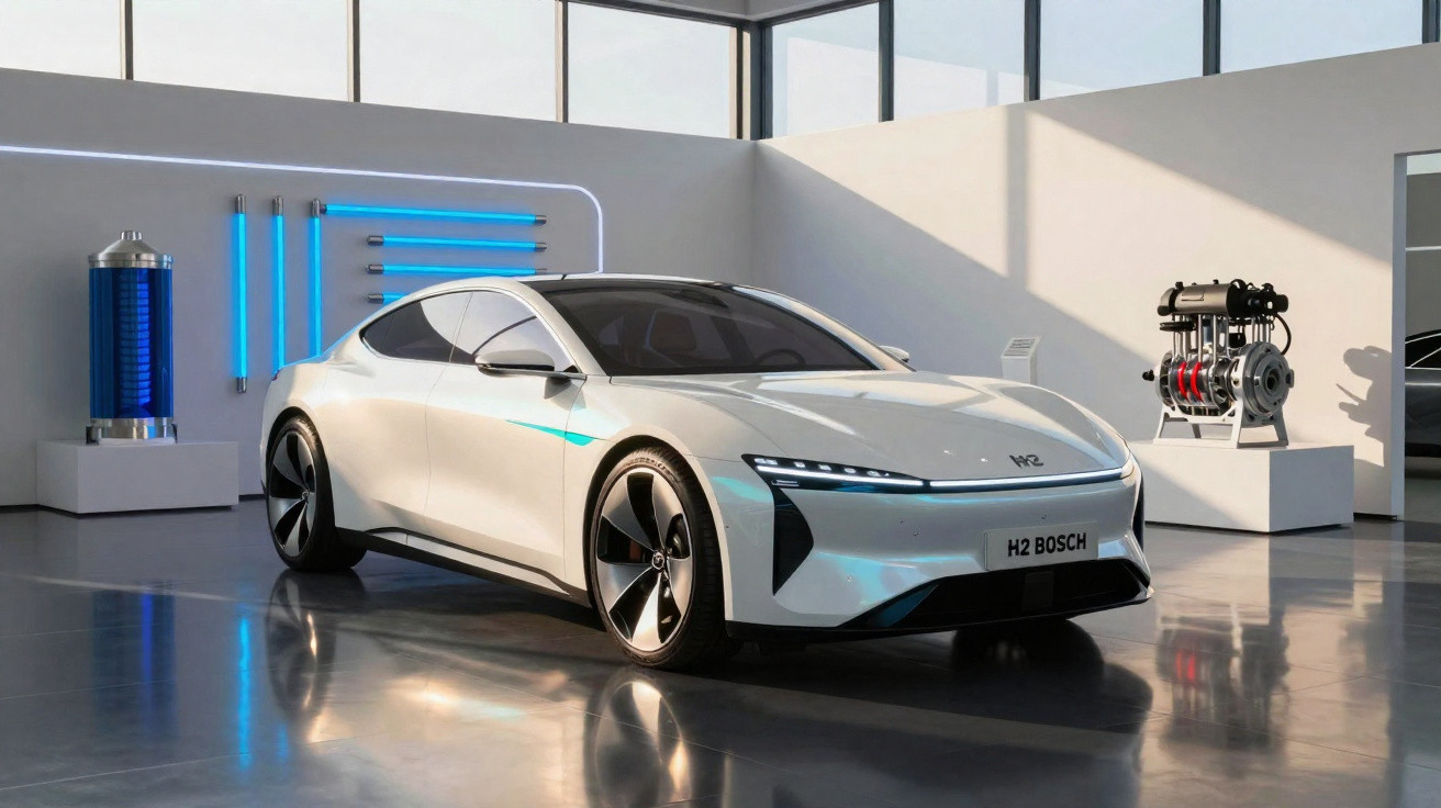 Carro conceito branco movido a hidrogênio em exposição moderna com refletor no chão e luzes azuis na parede.
