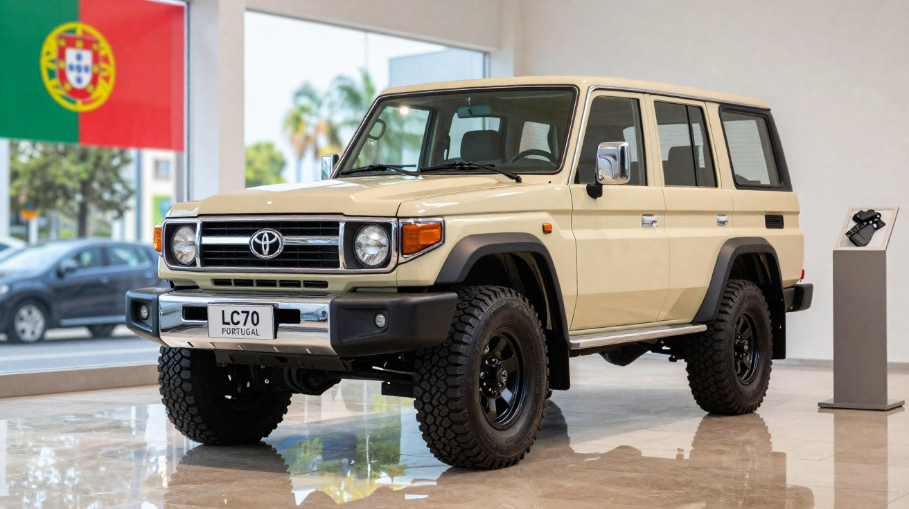 SUV Toyota Land Cruiser 70 bege em showroom, com placa Portugal e bandeira de Portugal ao fundo.