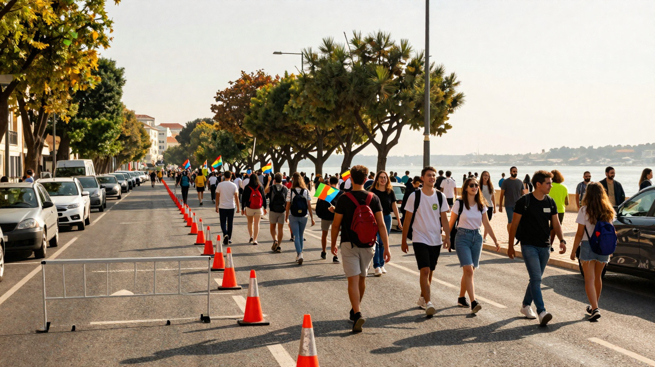 Pessoas caminhando em faixa de rua à beira de um rio em dia ensolarado com cones de sinalização.