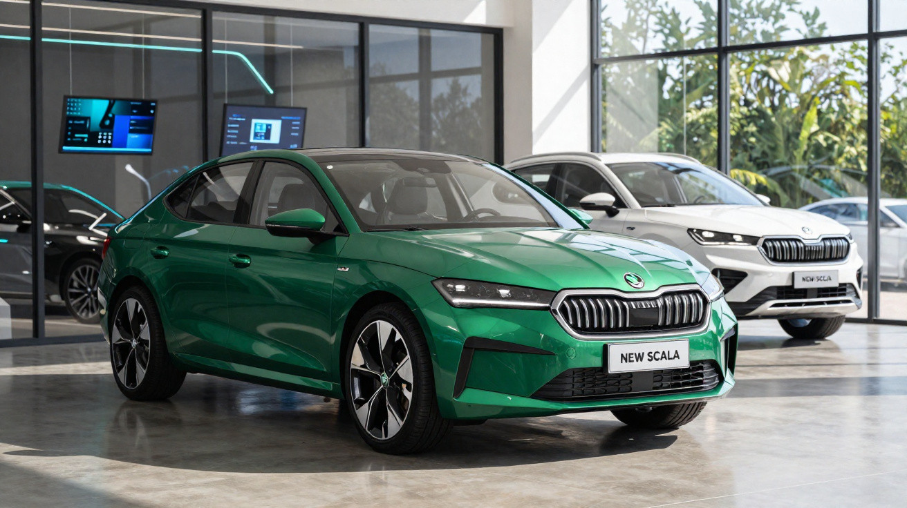 Carros Skoda New Scala verde e branco exibidos em showroom com janelas amplas e iluminação natural.