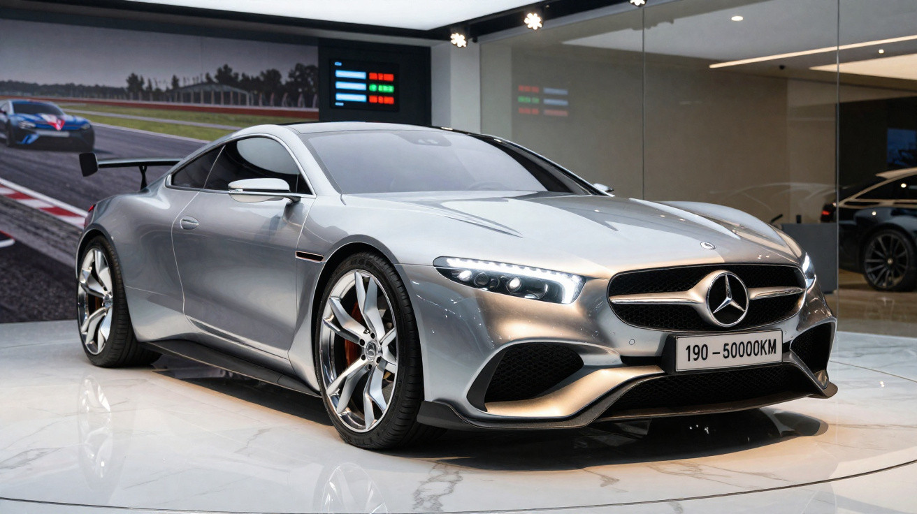 Carro esportivo Mercedes-Benz prata exibido em showroom com luzes ligadas e pintura brilhante.