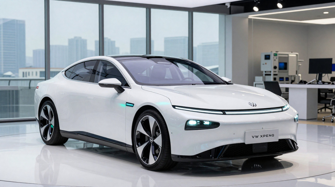 Carro elétrico branco VW XPeng em exibição dentro de showroom moderno com vidros e cityscape ao fundo.