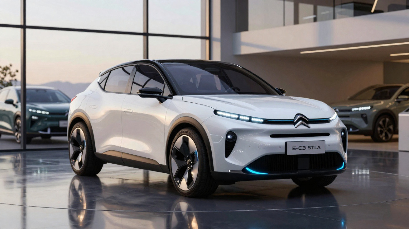 Carro elétrico Citroën E-C3 STLA branco exposto em showroom moderno com grande janela de vidro.