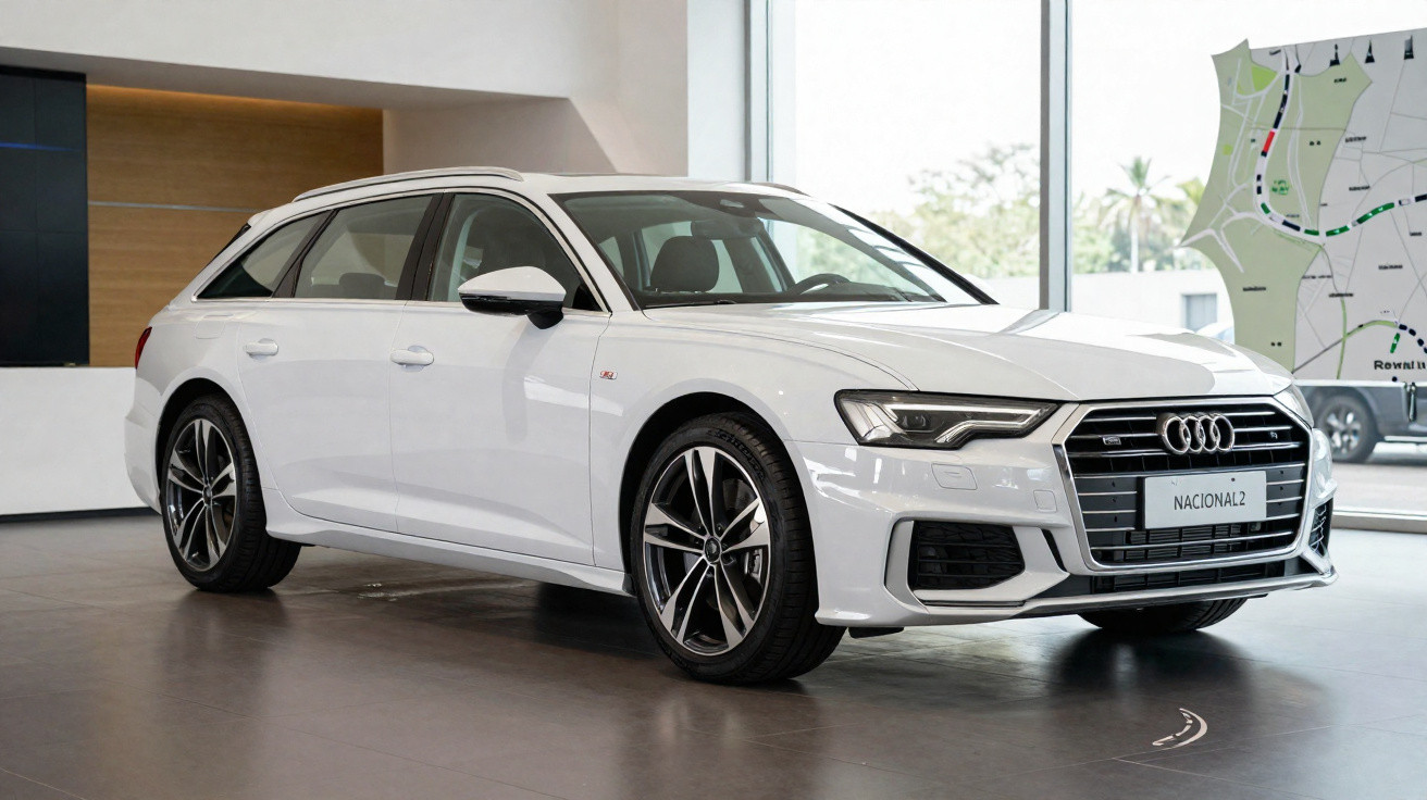 Carro Audi branco modelo Avant estacionado em showroom com piso cinza e grandes janelas.