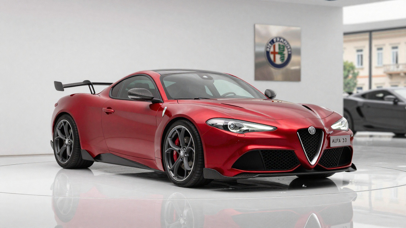 Carro esportivo vermelho Alfa Romeo com spoiler traseiro exposto em showroom moderno e iluminado.
