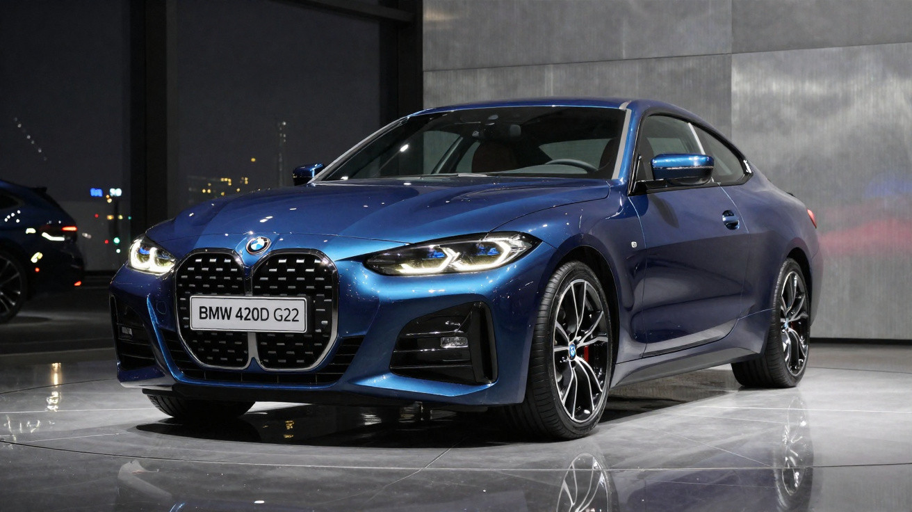 Carro esportivo BMW 420D G22 azul exibido em ambiente interno com iluminação artificial.