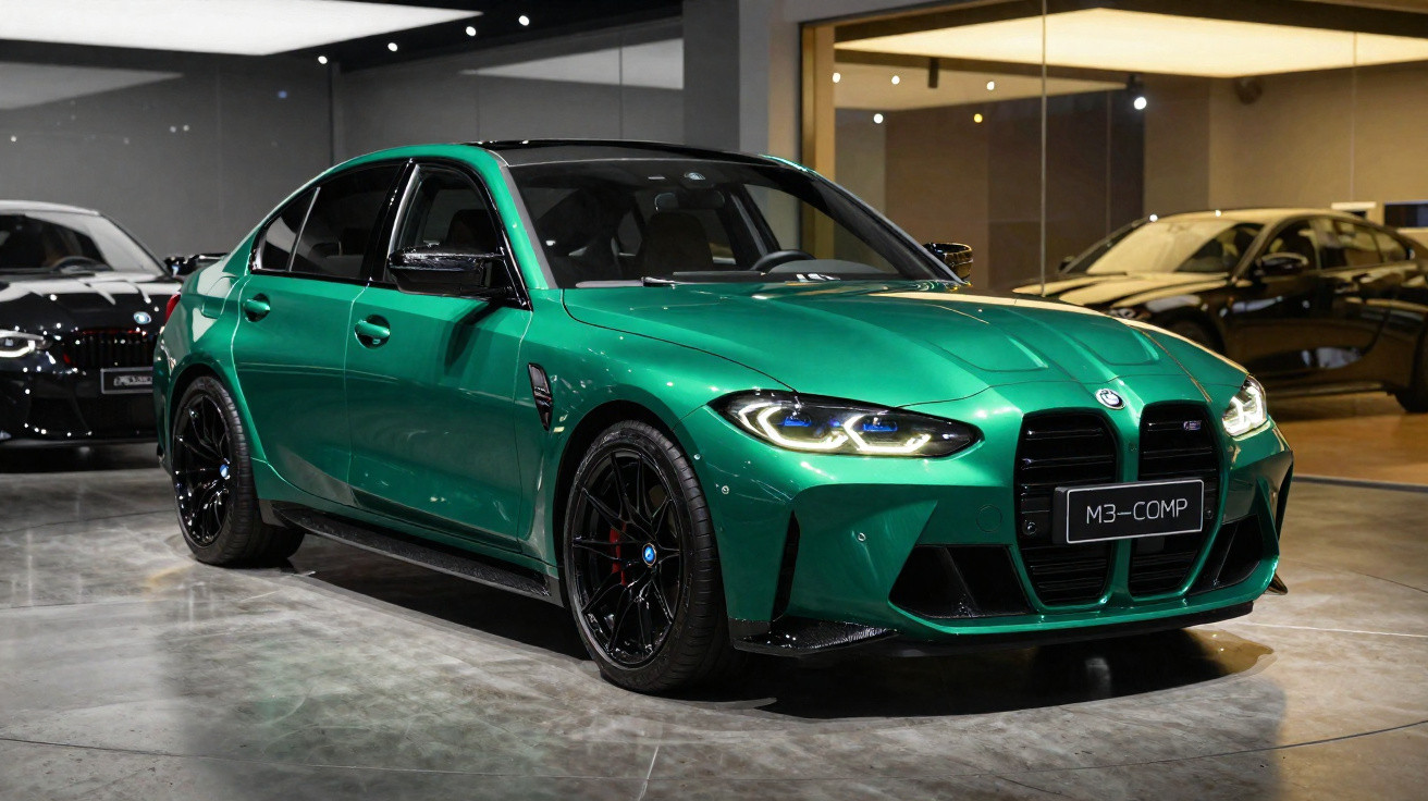 Carro esportivo BMW M3 Competition verde exibido em showroom moderno com iluminação interna.
