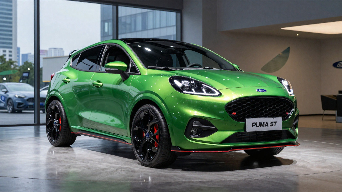 Carro esportivo Ford Puma ST verde metálico exibido em showroom moderno com piso cinza.