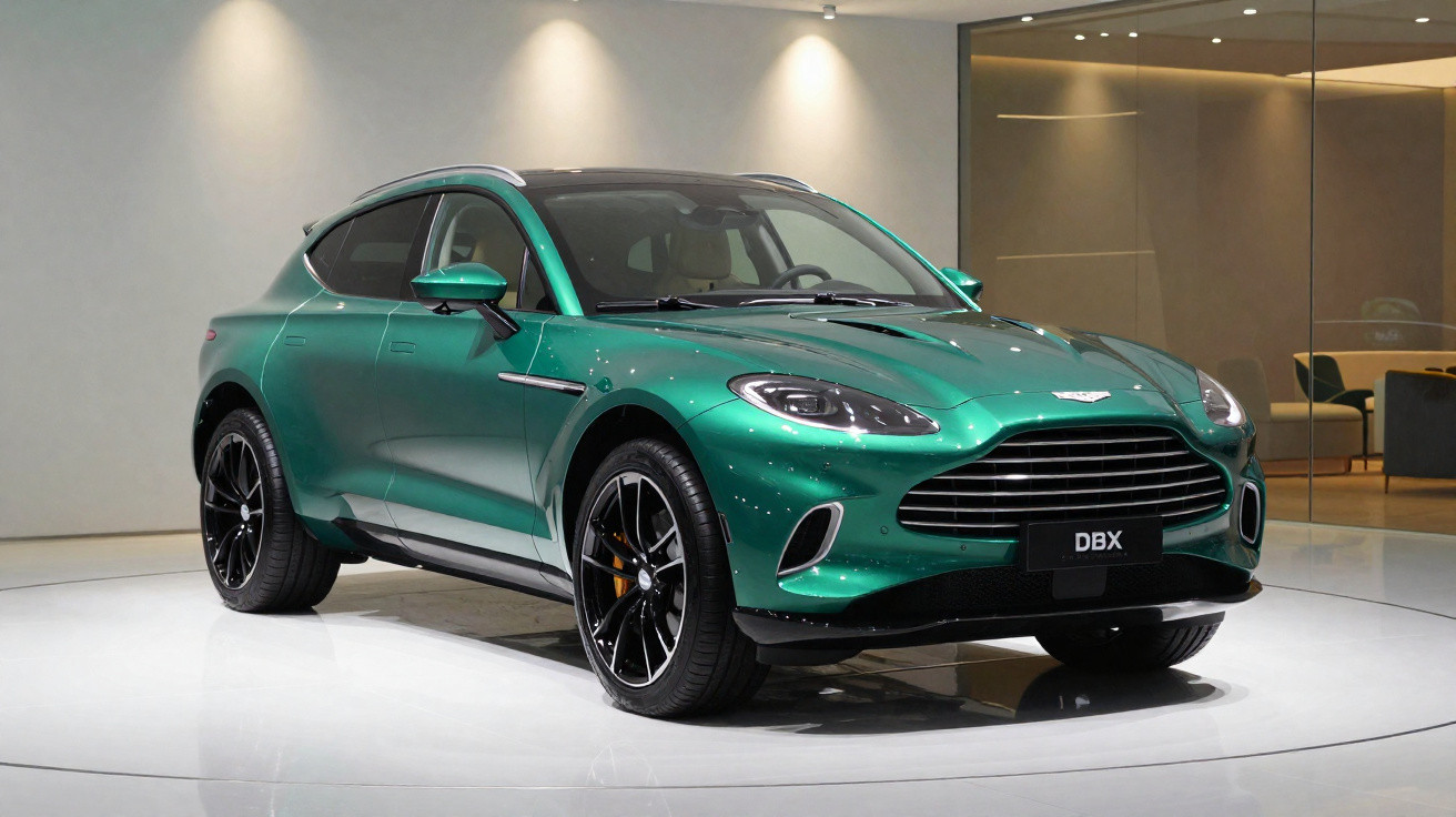 Carro esportivo verde Aston Martin DBX exibido em showroom moderno com piso branco e parede de vidro.