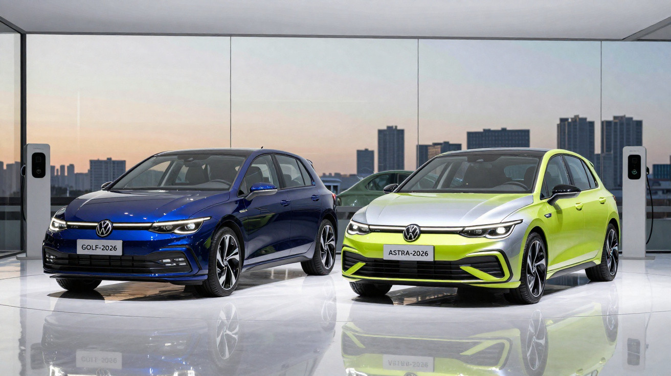 Dois carros Volkswagen 2026, modelo Golf azul e Astra verde, em showroom moderno com vista urbana ao fundo.