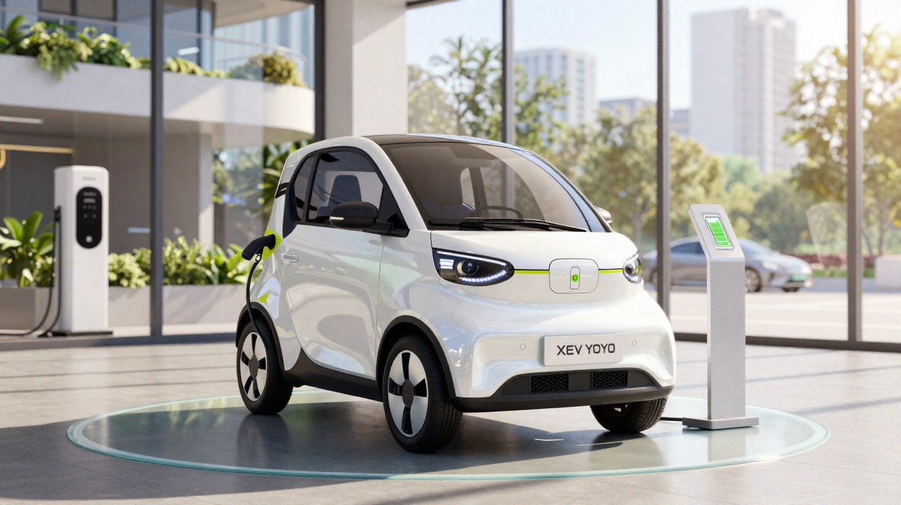 Carro elétrico compacto branco em exibição, conectado a um carregador em ambiente moderno com janelas amplas.
