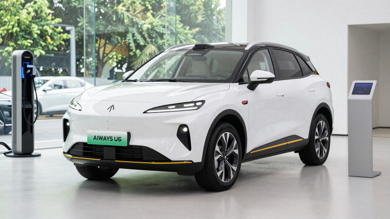 Carro elétrico branco Aiways U6 estacionado em showroom moderno com carregador ao lado.
