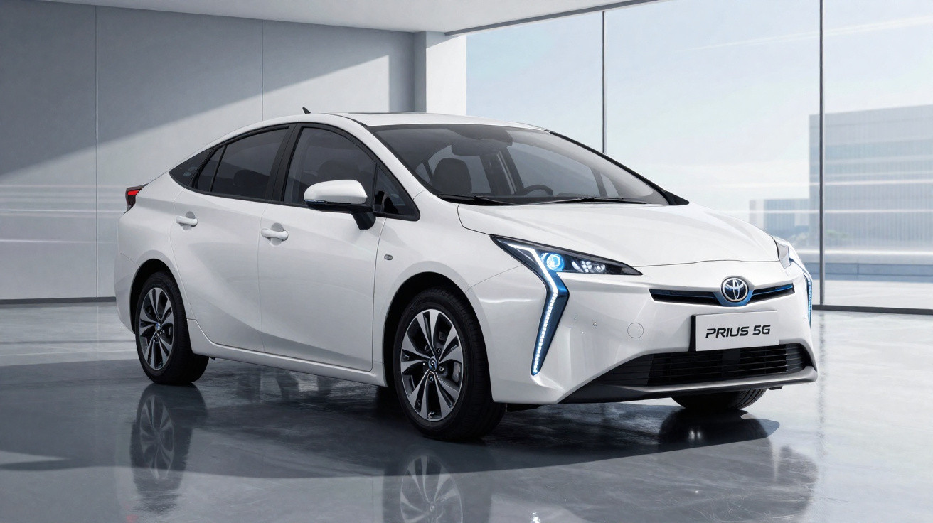 Carro sedan branco Toyota Prius 5G em ambiente interno com piso refletivo e janelas amplas.