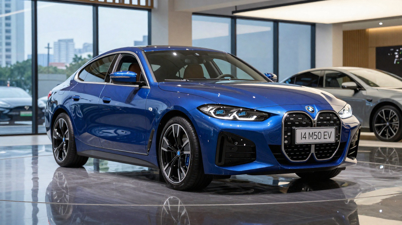 Carro elétrico BMW i4 M50 EV azul exposto em showroom moderno com piso espelhado.
