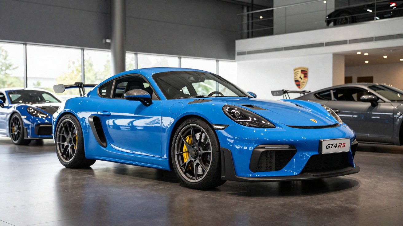 Carro esportivo azul Porsche GT4 RS em showroom moderno com outros carros ao fundo.