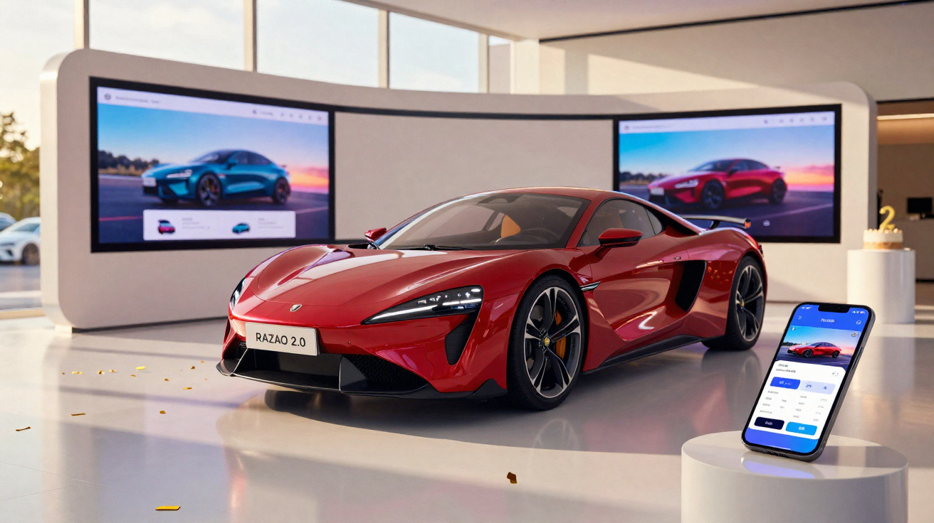Carro esportivo vermelho exibido em showroom moderno com celular mostrando aplicativo do veículo.