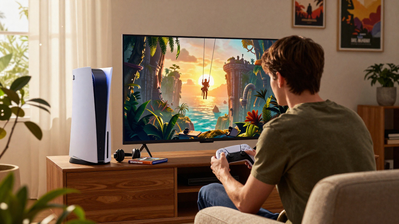 Jovem jogando videogame em console PlayStation 5 assistindo ação em tela grande na sala de casa.