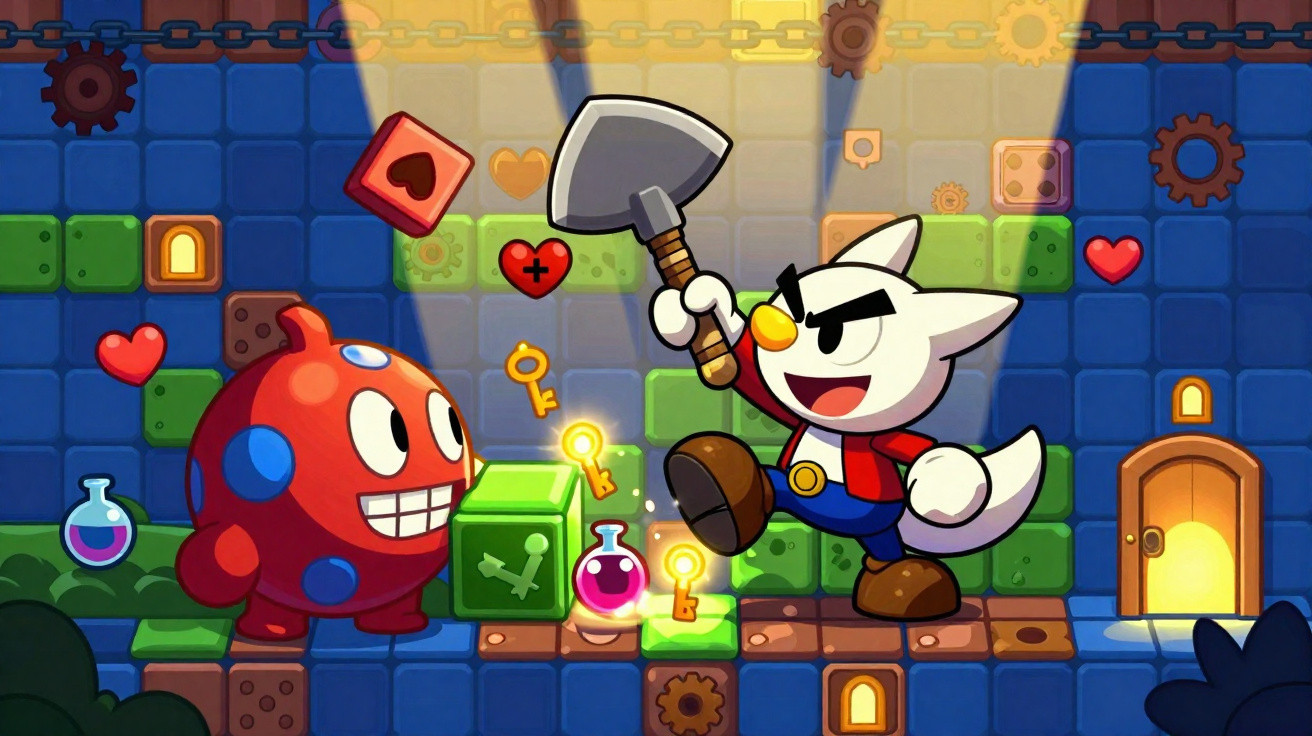 Personagem branco com machado enfrenta criatura vermelha em cenário colorido de videogame.