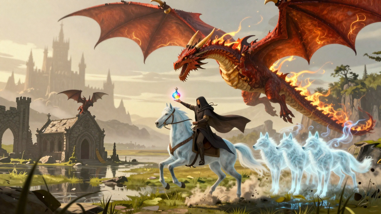 Cavaleiro com capa preta montado em cavalo branco enfrenta dragão vermelho flamejante com três lobos fantasmagóricos ao lado.