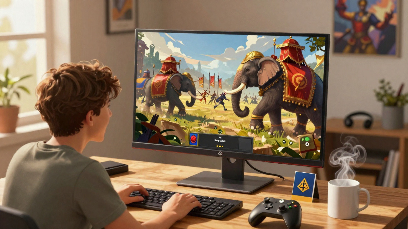 Jovem jogando jogo de estratégia com elefantes de guerra em monitor grande em ambiente interno.