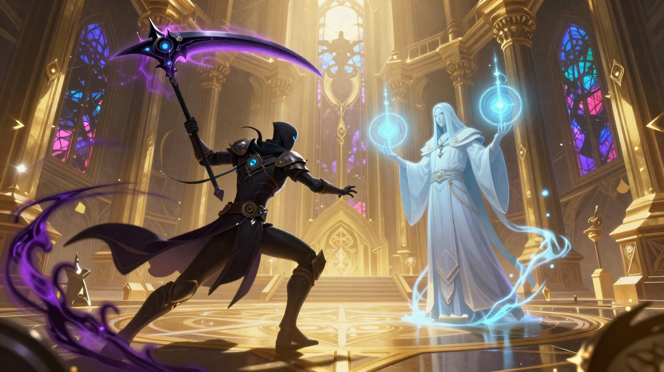 Duel entre um guerreiro sombrio com foice roxa e um mago vestido de branco dentro de uma catedral iluminada.